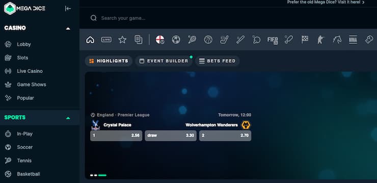 A screenshot of Mega Dice, one of the best online Canada sportsbooks